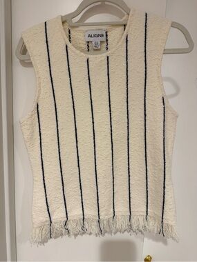 ALIGNE Cream Sleeveless Fringe Tank with Navy Stripes